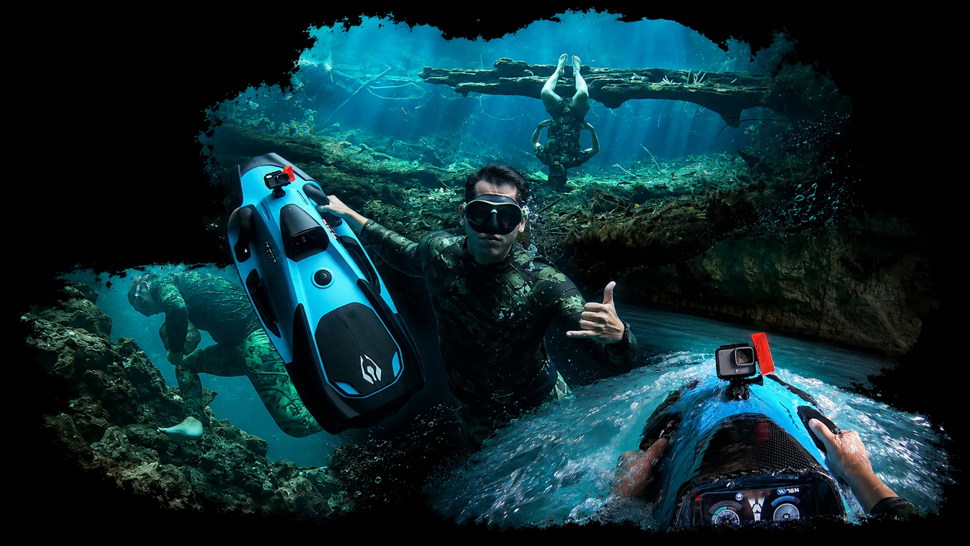 Cinematic collage of Mexico — reefs, jungle and coast blending into black