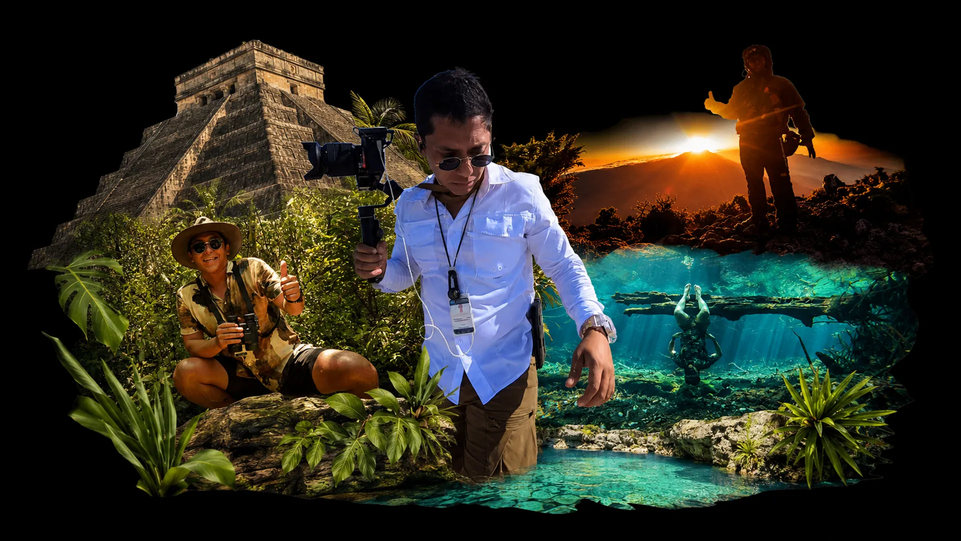 Cinematic collage of Mexico — reefs, jungle and coast blending into black